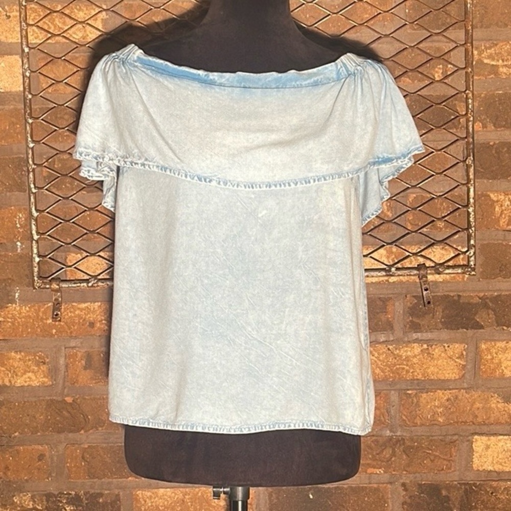 Tramp Light Off-Shoulder Top Light Blue White Rayon M